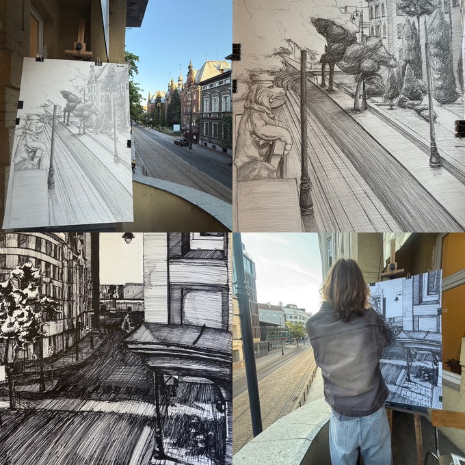 Rysownia - Szkoła rysunku - Bydgoszcz - przygotowanie do egzaminu na architekturę - rysunki architektoniczne wykonane przez młodzież na balkonu szkoły w Bydgoszczy widok na ulicę Dworcową 